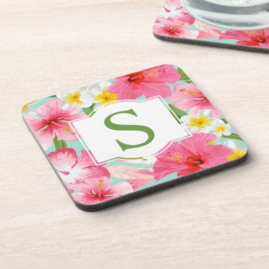 トロピカルグリーンピンクフローラカスタムモノグラムイニシャル コースター (左側)