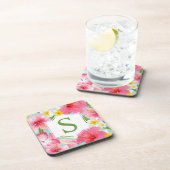 トロピカルグリーンピンクフローラカスタムモノグラムイニシャル コースター (右側)