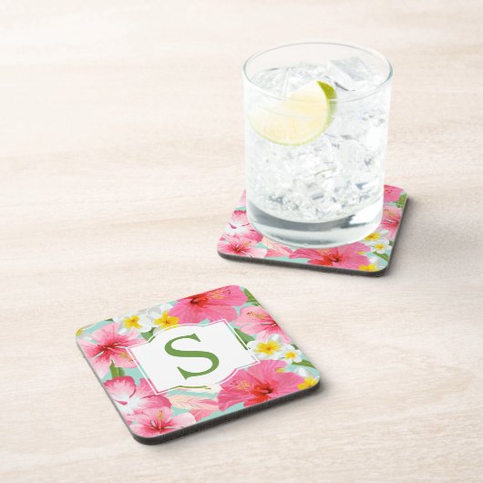 トロピカルグリーンピンクフローラカスタムモノグラムイニシャル コースター (右側)