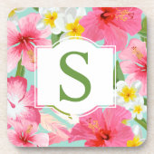 トロピカルグリーンピンクフローラカスタムモノグラムイニシャル コースター (正面)
