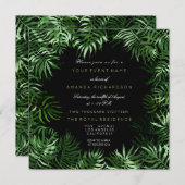 トロピカルグリーンミントブラックパームリーフフレームシダー 招待状 (正面/裏面)
