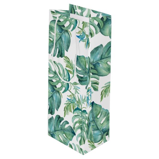 トロピカルグリーンモンステラ葉パームウォーターカラー ワインギフトバッグ (正面アングル)