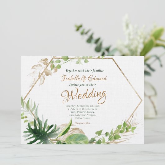 トロピカルグリーンモンステラ&ジオメトリックフレーム結婚ズ 招待状 (スタンド正面)