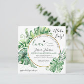 トロピカルグリーンリーアロハルアウ(ハワイ式宴会)ベビーシャワー編集可能 招待状 (スタンド正面)