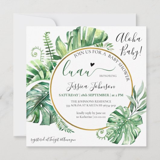 トロピカルグリーンリーアロハルアウ（ハワイ式宴会）ベビーシャワー編集可能 招待状 (正面)