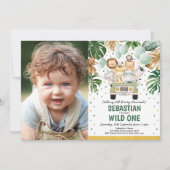 トロピカルグリーンリーサファリアニマルズワイルドワン誕生日 招待状 (正面)