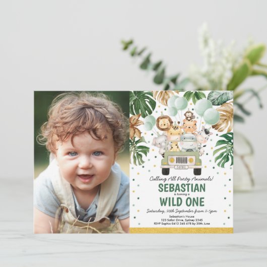トロピカルグリーンリーサファリアニマルズワイルドワン誕生日 招待状 (スタンド正面)