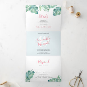 トロピカルグリーンリートリフォールド結婚式招待状 三つ折り招待状