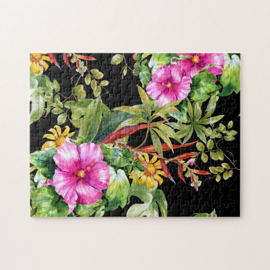トロピカルグリーンリーピンクイエローボホフローラ ジグソーパズル (横)