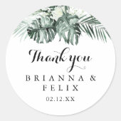 トロピカルグリーンリーホワイトサンキュー結婚式の引き出物 ラウンドシール (正面)