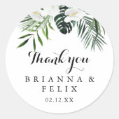 トロピカルグリーンリーホワイトサンキュー結婚式の引き出物 ラウンドシール (正面)