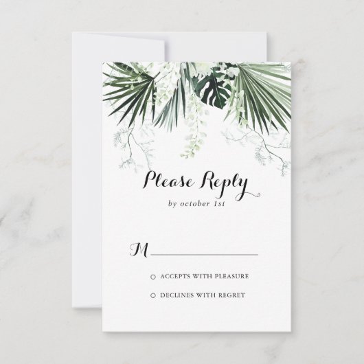 トロピカルグリーンリーホワイトフローラウェディングRSVP 出欠カード (正面)
