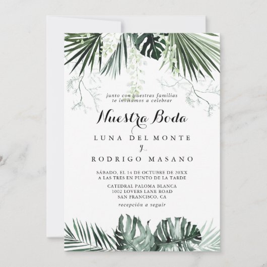 トロピカルグリーンリーホワイトフローラヌエストラボーダ 招待状 (正面)