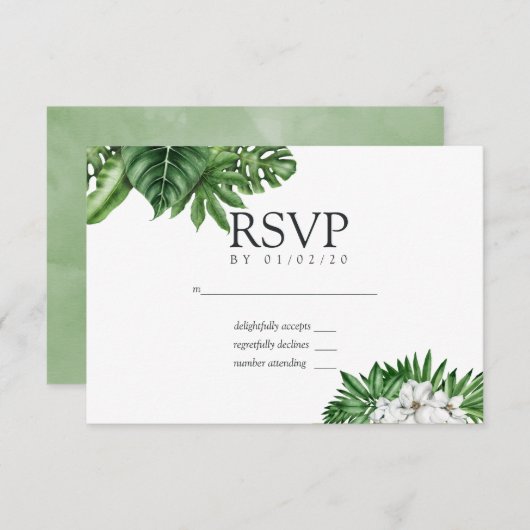 トロピカルグリーンリー幾何学的ウェディングRSVP 出欠カード (正面/裏面)