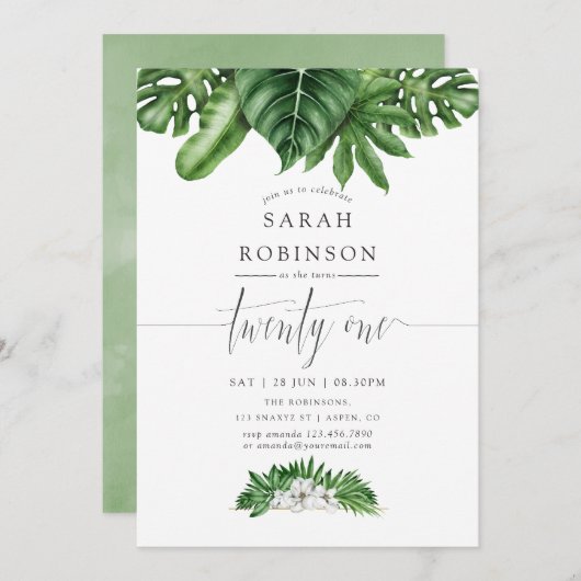 トロピカルグリーンリー21歳の誕生日パーティの招待状 招待状 (正面/裏面)