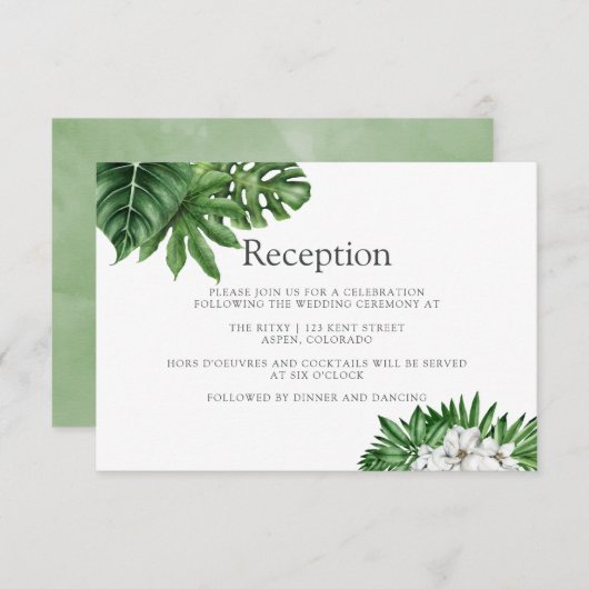 トロピカルグリーン幾何学ウェディングレセプション エンクロージャーカード (正面/裏面)