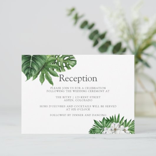 トロピカルグリーン幾何学ウェディングレセプション エンクロージャーカード (スタンド正面)