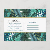トロピカルグリーン葉ティール（緑がかった色）ウェディング日を保存 案内ポストカード (裏面)