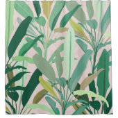 トロピカルグリーン葉バナナピンク模様 シャワーカーテン (正面)