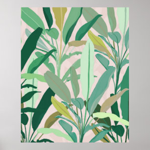 トロピカルグリーン葉バナナピンク模様 ポスター