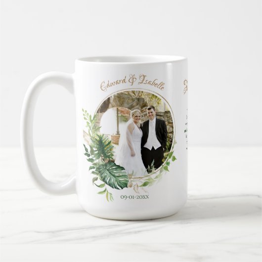 トロピカルグリーン葉モンステラ結婚式の引き出物 コーヒーマグカップ (左)