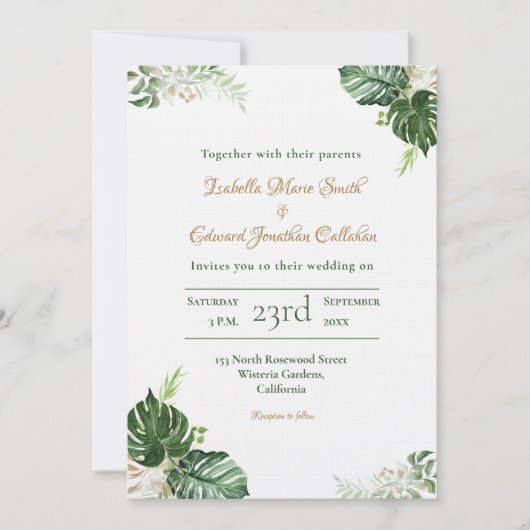 トロピカルグリーン葉モンスラの水の色結婚の値 招待状 (正面)