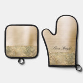 トロピカルグリーン葉金ゴールドスパークル 鍋つかみ&鍋敷きセット (正面)