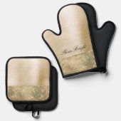 トロピカルグリーン葉金ゴールドスパークル 鍋つかみ&鍋敷きセット (正面/裏面)