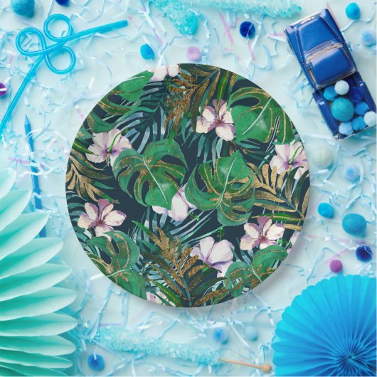 トロピカルグリーン薄紫金ゴールドモンスタ葉ーフローラ ペーパープレート (パーティー)