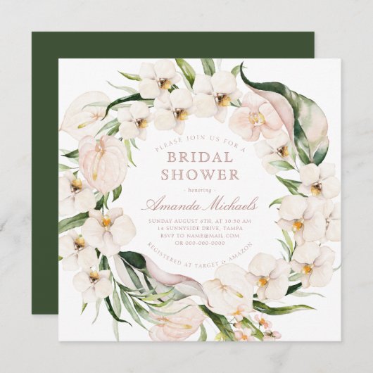 トロピカルグリーン赤面ピンクフローラブライダルシャワー 招待状 (正面/裏面)
