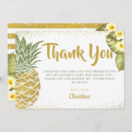 トロピカルグリーン金ゴールドグリッターパイナップル誕生日 サンキューカード (正面/裏面)