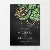 トロピカルグリーン金ゴールドモンステラパームブラック結婚ズ 三つ折り招待状 (カバー)