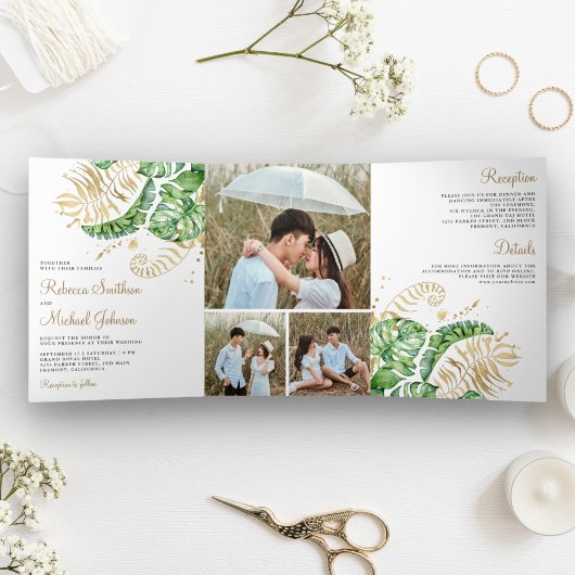 トロピカルグリーン金ゴールドモンステラ葉パームズ結婚ズ 三つ折り招待状