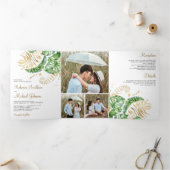 トロピカルグリーン金ゴールドモンステラ葉パームズ結婚ズ 三つ折り招待状 (内部)
