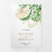 トロピカルグリーン金ゴールドモンステラ葉パームズ結婚ズ 三つ折り招待状 (カバー)
