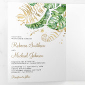 トロピカルグリーン金ゴールドモンステラ葉パームズ結婚ズ 三つ折り招待状 (内部最初)