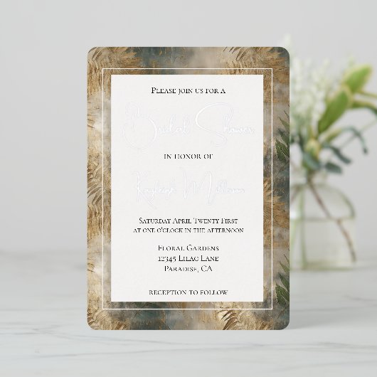 トロピカルグリーン離れ金ゴールドブライダルシャワー 箔招待状 (立ち正面)