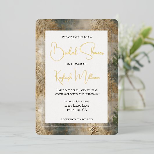 トロピカルグリーン離れ金ゴールドブライダルシャワー 箔招待状 (立ち正面)