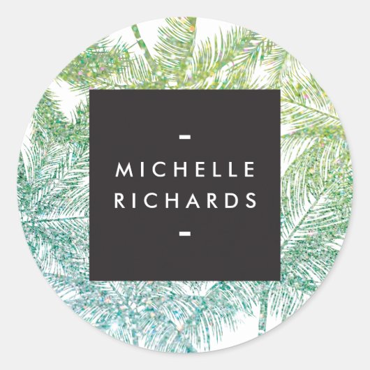 トロピカルグリーン/アクアグリッターパームステッカー ラウンドシール (正面)