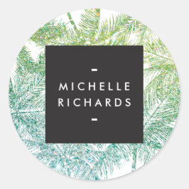 トロピカルグリーン/アクアグリッターパームステッカー ラウンドシール