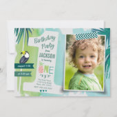 トロピカルグリーン&ブルージャングルウォーターカラーボーイ 招待状 (正面)