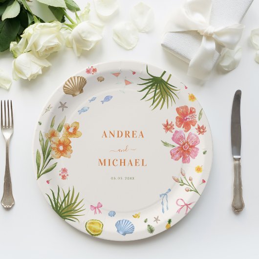 トロピカルコケットシーシェル弓パームツリー結婚ズ ペーパープレート