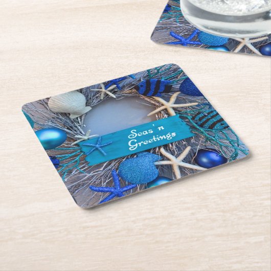 トロピカルコースタルシーシェルホリデークリスマス スクエアペーパーコースター (アングル)