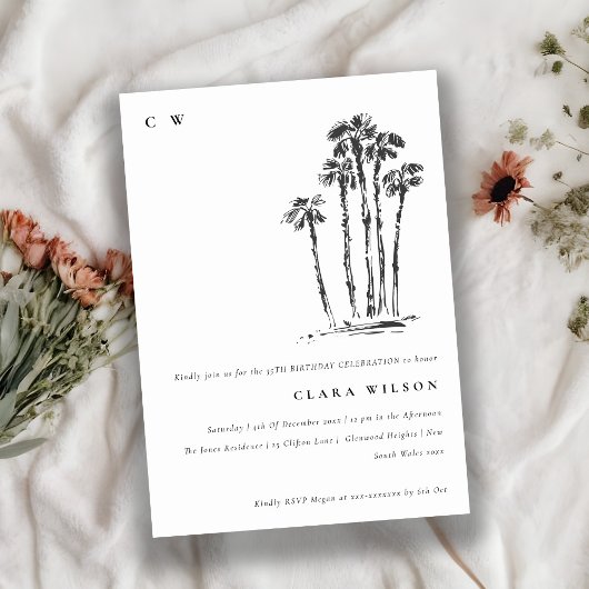 トロピカルコースタルパームツリースケッチ誕生日 招待状