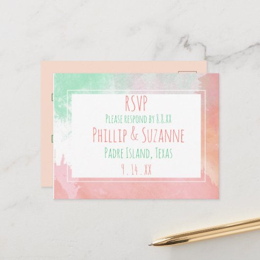 トロピカルコーラル ネオミント ウォーターカラー ウェディング RSVP 案内ポストカード (正面/裏面インサイチュ)