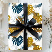 トロピカルゴールドとネイビーブルーのパームリーフパターン ラッピングペーパー