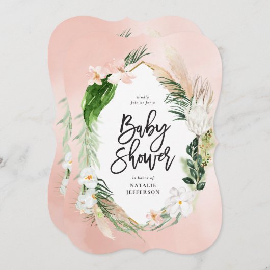 トロピカルゴールドの幾何学的な花模様のピンクの女の子らしい セーブザデート (正面/裏面)