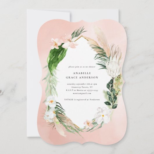 トロピカルゴールドの幾何学的な花模様のピンクの女の子らしい セーブザデート (裏面)