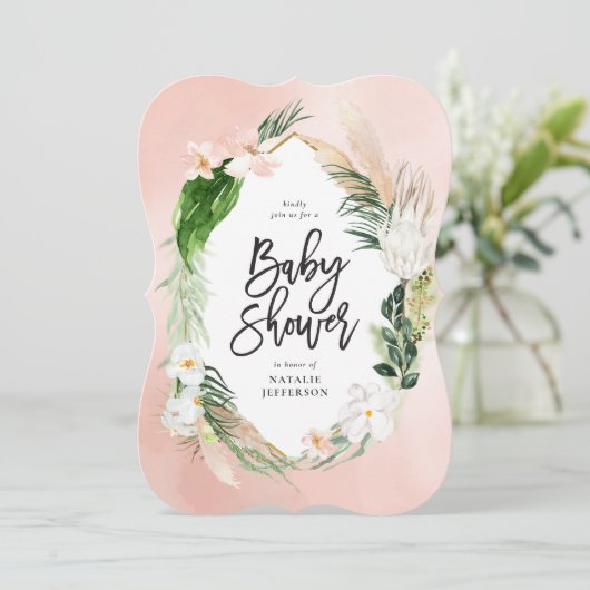 トロピカルゴールドの幾何学的な花模様のピンクの女の子らしい セーブザデート (スタンド正面)