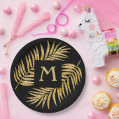 トロピカルゴールドグリッター パームツリーの葉っぱ ブラック背景 ペーパープレート (パーティー)